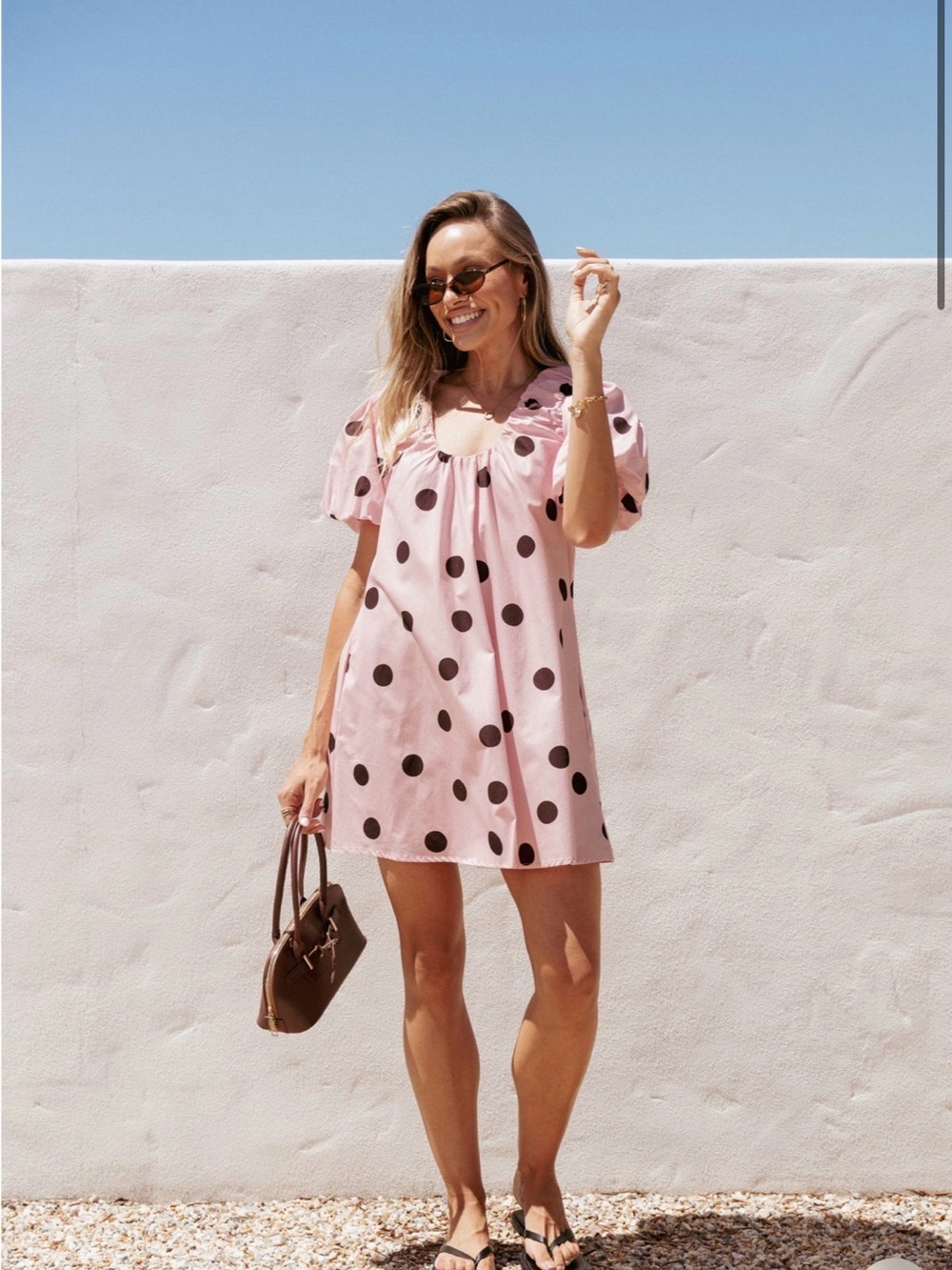 Petal and Pup Bertine Brown and Pink Polka Dot Mini Dress